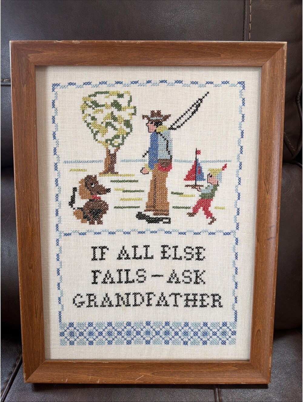 VTG 1970s Framed Needlepoint Grandfather Child And Dog Fishing Cabin Rustic